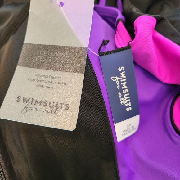 New Swimsuits For All One Piece Bathing Suit Sz 24 Womens Zip Front Pink Black - Picture 7 of 9